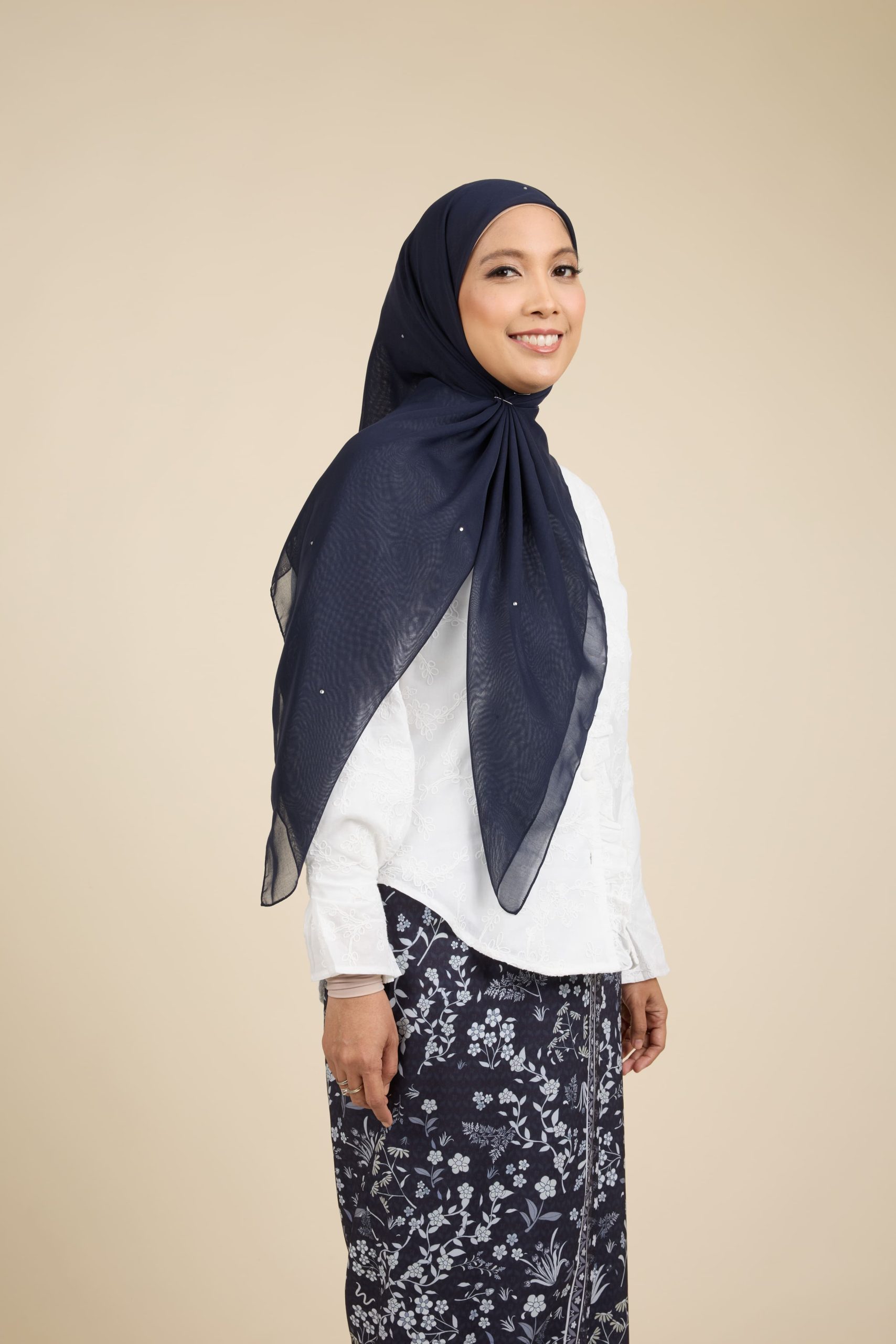almas deep navy rhinestone square voile scarf