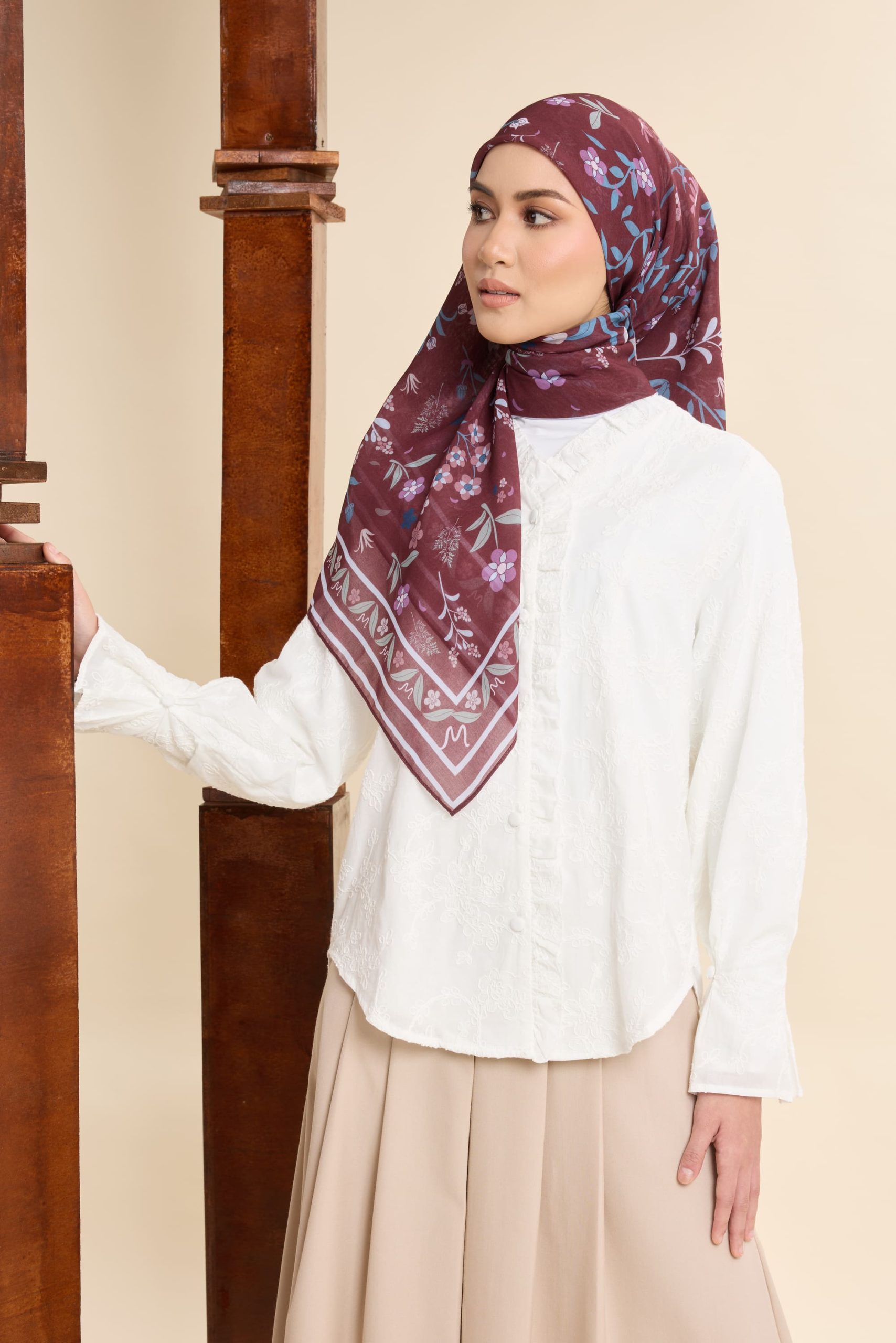 dhia burgundy printed square voile scarf