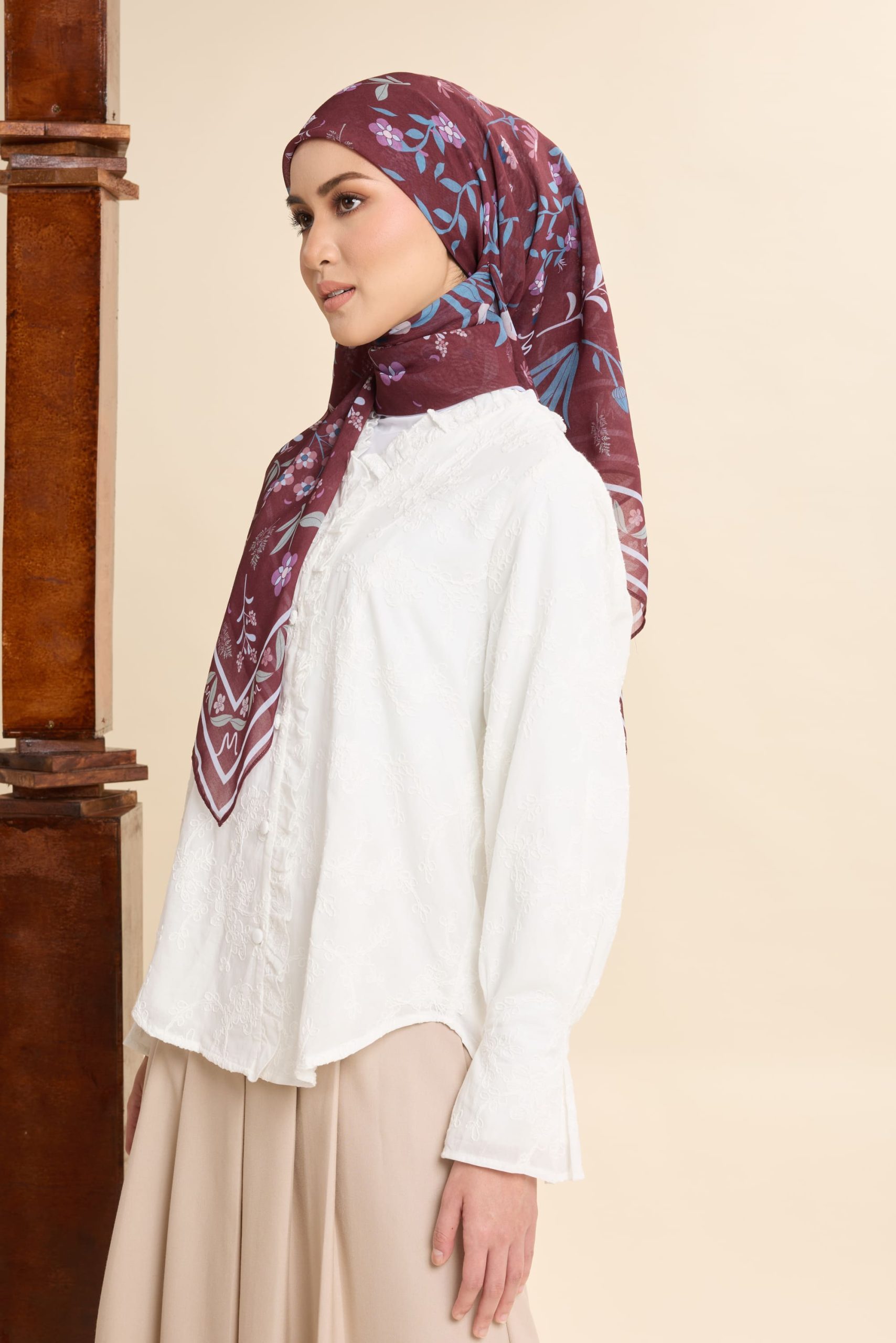 dhia burgundy printed square voile scarf