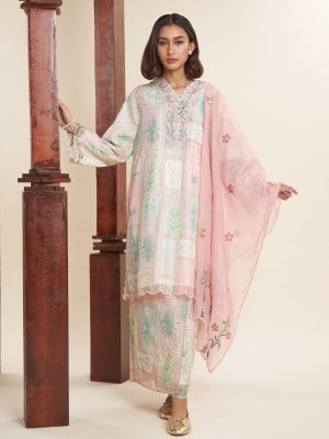 Yasmeen Pink-Green Printed Kurung Set