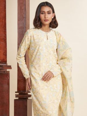 Katrina Butter Yellow Textured Modern Kurung Set
