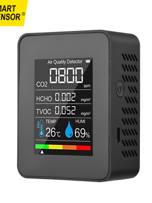 Smart Sensor Portable Air Quality Monitor Indoor CO2 Detector 5 in 1 Formaldehyde HCHO TVOC Tester LCD Tem-perature Humidity Tester Rechargeable CO2 Alarm Meter for Room Office Greenhouse Warehouse