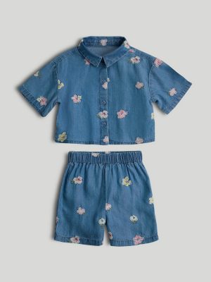 mothercare blue embroidered shirt and shorts outfit