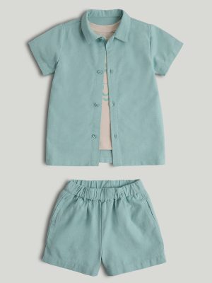 mothercare linen blend shirt, t shirt and shorts outfit